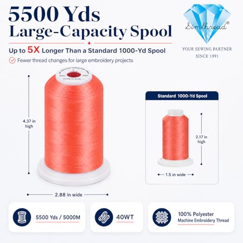 Image of Simthread 5500Yds /5000M 40WT Polyester Embroidery Thread Neon Red S126 | High-yardage 5000M spool offers smooth feeding and stable 40WT polyester thread for home and commercial embroidery machines.