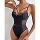 Faringoto Sexy Damen-Unterwäsche, Body, rückenfrei, transparenter Netz-Pyjama, transparente Spitze, Korsett, 8042, Schwarz, L