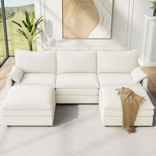 Image of Vesgantti 108 inch U Shaped Sectional Couch, Comfy Cloud Modular Sectional Sofa with 2 Ottoman Deep Seat Chenille Modern Cloud Sofa, Modular Sofas for Living Room, Bedroom and Apartment, Snow White