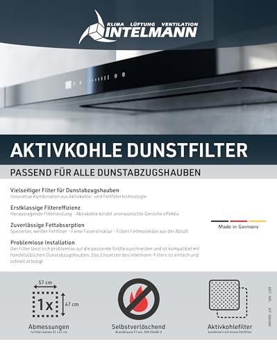 Intelmann® Universal Dunstabzugshauben-Filter mit Aktivkohle & Fettfilter, 57x47 cm, extra dicke Aktivkohleschicht, zuschneidbar, für zuverlässige Geruchs- und Fettabsorption