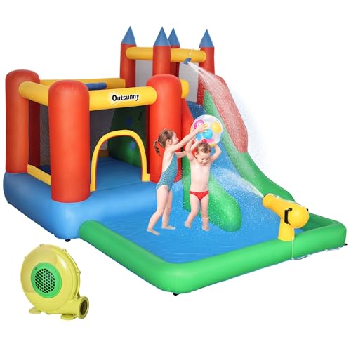 Outsunny Castillo Hinchable para Niños +3 Años Castillo Inflable con Inflador Parque Acuático con Tobogán Trampolín Piscina y Bolsa de Transporte 330x245x215 cm Multicolor