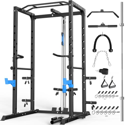 Image of ULTRA FUEGO Power Cage, Multi-Functional Power Rack with J-Hooks, Dip Handles, Landmine Attachment and Optional Cable Pulley System for Home Gym