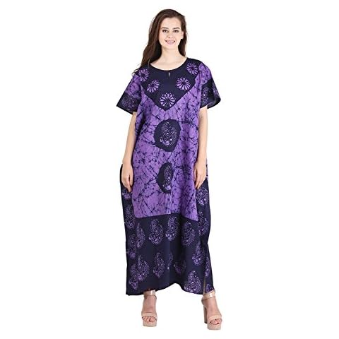 Odishabazaar Batik Cover up Dress Kaftan Long Beach Cap Sleeves Cotton Gown Maxi - Purple - One Size Cover