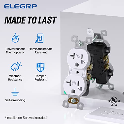 Elegrp 20 Amp 125V Duplex Receptacle, Standard Electrical Wall Outlet, Tr Tamper Resistant And Wr Weather Resistant, 2 Pole 3 Wire, Self-Grounding, Residential Grade, Ul Listed, Glossy White, 10 Pack #TOP1