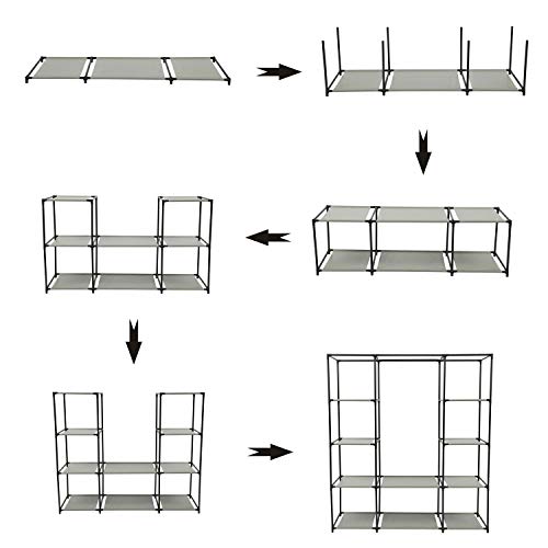 Homebi Clothes Closet Portable Wardrobe Durable Clothes Storage Organizer Non-Woven Fabric Cloth Storage Shelf with Hanging Rod and 10 Shelves for Extra Storage, 59.05" W x 17.72" D x 65.4" H (Grey)