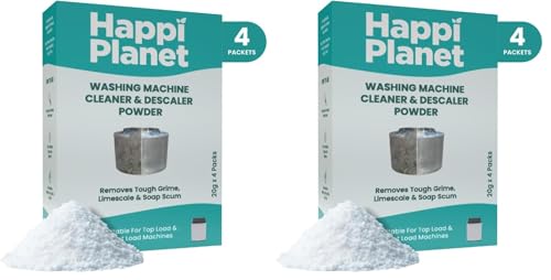 Image of Happi Planet Washing Machine Cleaner & Descaler Powder | 4 Sachets (20g Each) | Removes Limescale, Dirt & Soap Scum | Deep Drum Cleaner for Top Load & Front Load Machines | Eliminates Odor & Residue