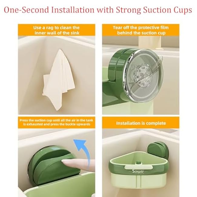 Suction Cup Sink Corner Rack, 2025 New Plastic Sink Storage Rack Holder, Sinks Suction Caddy with Strong Suction Cup Removable, Auto-Dump Strainer for Kitchen Bathroom Dishware (Yellow)