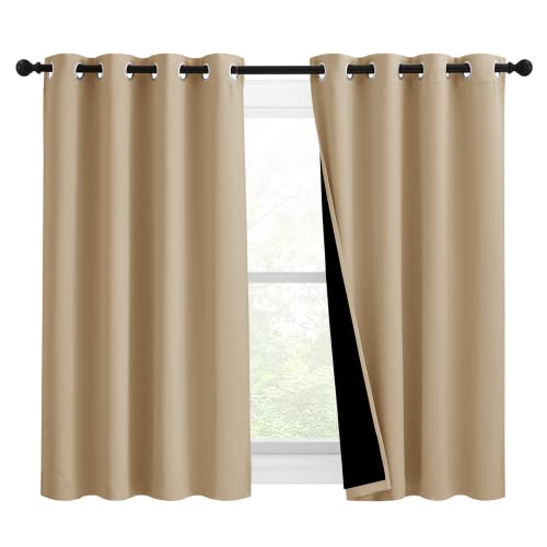 Image of NICETOWN Bedroom Full Blackout Curtain Panels, Super Thick Insulated Grommet Drapes, Double-Layer Blackout Draperies with Black Liner for Small Window (Set of 2 Pcs, 46 by 54-inch, Biscotti Beige)