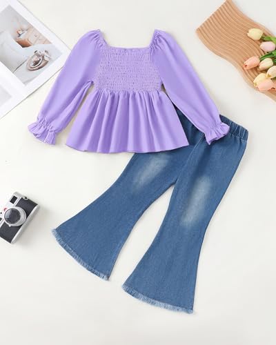 Image of XUANHAO Toddler Girls Clothes Puff Sleeve Smocked Shirt Flare Jeans Pant Outfits for Girl Bell Bottom Kids Girls Clothing Set