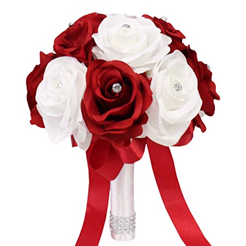 Angel Isabella, LLC Artificial Rose Bouquet-1 Dozen Roses Ready to use -Toss Bridesmaid Maid of Honor Silk Flowers (White Red-Rhinestone)