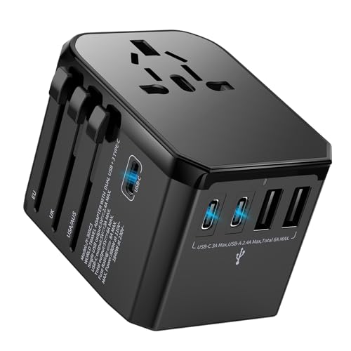 Universal Travel Adapter International Plug – European Travel Plug Adapter Worldwide US AUS EU UK Spain Germany Ireland Italy – All-in-one Travel Outlet Power Adapter with 3 USB C 2 USB A