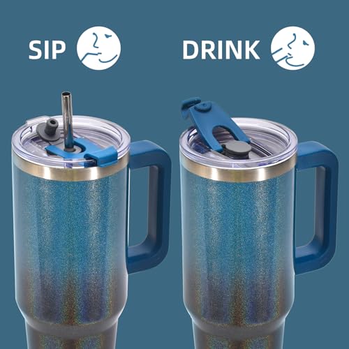 Image of 30 oz Shiny Tumbler with Handle and Straw,Stainless Steel Tumbler with Lid and Straw,Insulated Travel Mug(Cold for 34 Hours),Water Bottle for Iced Tea,Coffee (Black Blue)
