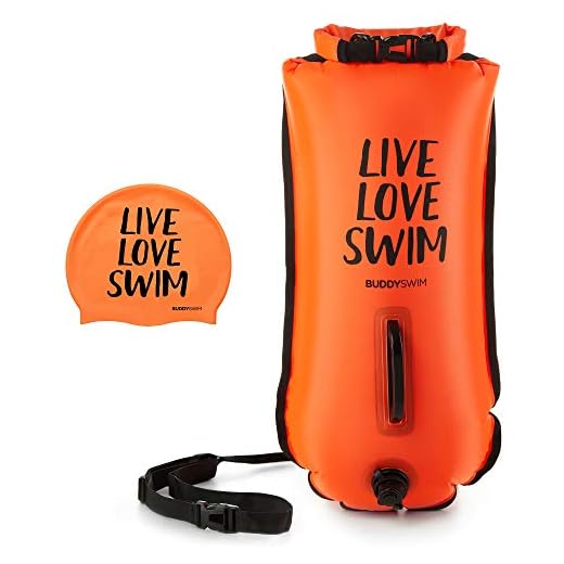 BUDDYSWIM Boya de Seguridad para Natación en Aguas Abiertas de 28 litros. Incluye Gorro de Silicona a Juego. Color Naranja.