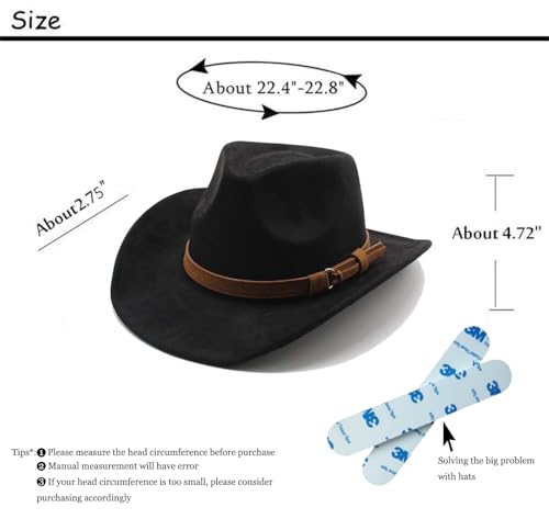 Image of Unisex Western Suede Cowboy Cowgirl Hat Classic Wide Brim Fedora Hat for Men &Women