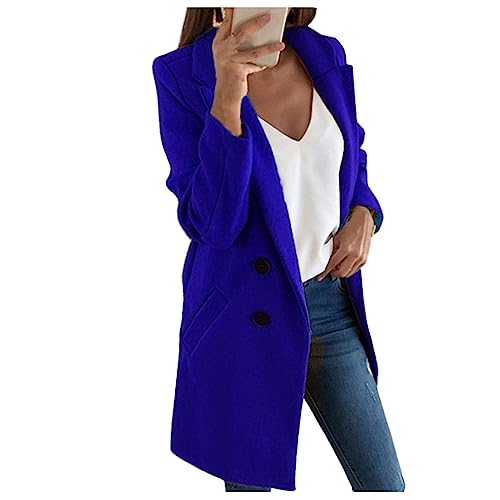 Womens Casual Wool Coat Notch Lapel Double Breasted Peacoat Winter Tartan Trench Coat with Pockets