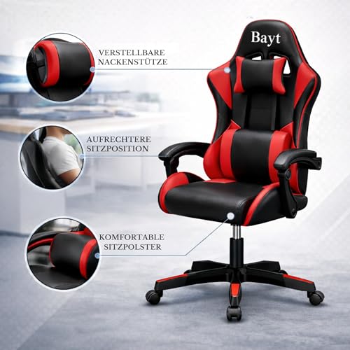 Bayt Silla de Escritorio & Silla Gaming Ergonómica - Gaming Chair para Oficina, Sillón Gamer Reclinable, Diseño Deportivo en Cuero Sintético, Negro y Rojo - imagen 5