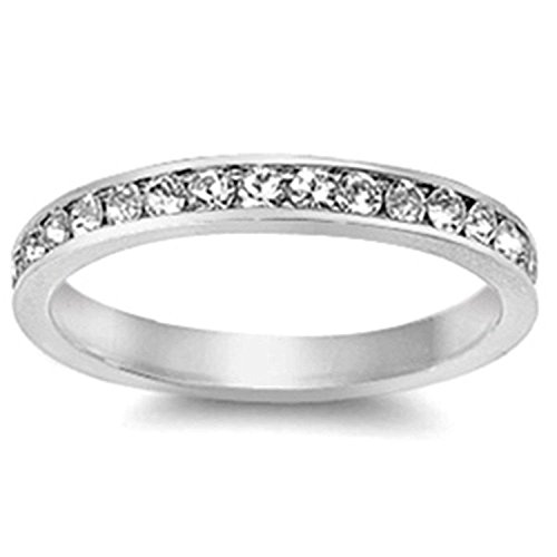 Blue Apple Co. 3mm Channel Set Full Eternity Wedding Band Ring Round Simulated Cubic Zirconia 925 Sterling Silver, Size-7