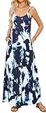 Supnier Vestido largo de verano para mujer, casual, cuello en V, sin mangas, bohemio, tirantes delgados, floral, largo, con bolsillos, Azul Tie dye, XXL