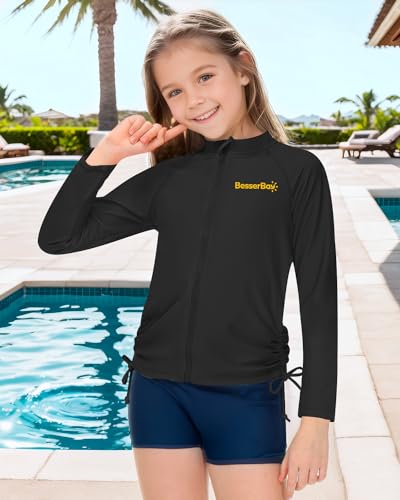 Image of BesserBay Big Girls Long Sleeve UPF 50+ Black Orange Ruched Side Surfing Shirt Zipper Quick-Dry Rashguard 13-14 Years
