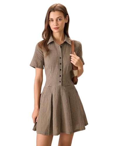 Women's Short Sleeves Brown Buttom Up Plaid Lapel Pleated Work Office Fit and Flare Mini Dress
