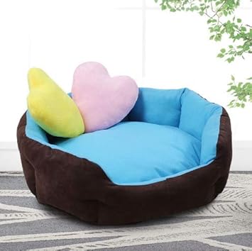 Petshub Premium Dog/Cat Bed Ultra Soft Sky-Blue & Brown Reversible with 2 Extra Heart Shape Pillows (Export Quality)-Small, 945 Gram