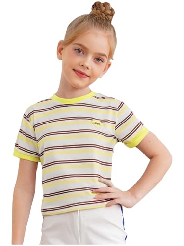 Kids Girls T Shirts Striped Heart Embroidery Summer Casual Short Sleeve Crewneck Tee Tops School Blouse