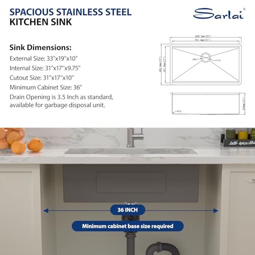 Image of Sarlai 33 Kitchen Sink Undermount 33 x 19 Inch Undermount Sink Workstation | Premium 16 Gauge Stainless Steel Deep Single Bowl Under Counter Kitchen Sinks Basin 33x19x10 Round Corner,Durable, Easy Clean