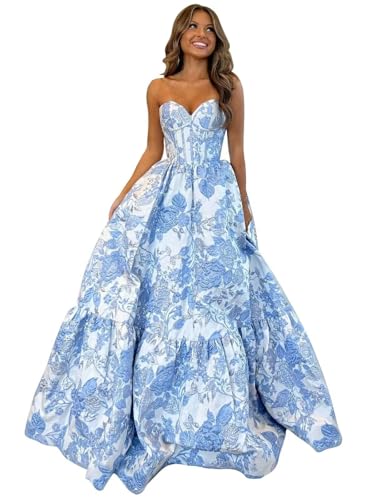 Floral Jacquard Prom Dresses for Women Teens 2025 Satin Strapless Corset Formal Evening Gowns with Pockets
