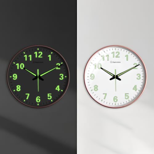 Image of Auromin Antique Radium Glass Wall Clock Night Glow for Bedroom | Night Light Silent Glass Wall Watch for Living Room, Living Room, Study | Large Stylish Clock with Glow in Dark Numbers (Rose Gold)