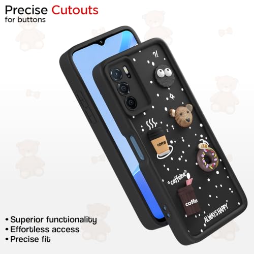 Image of Pikkme Back Cover for Oppo A16 | 3D Bear Silicone Cute & Fun Coffee Cartoon | Full Body Protection Bumper Case (Black)