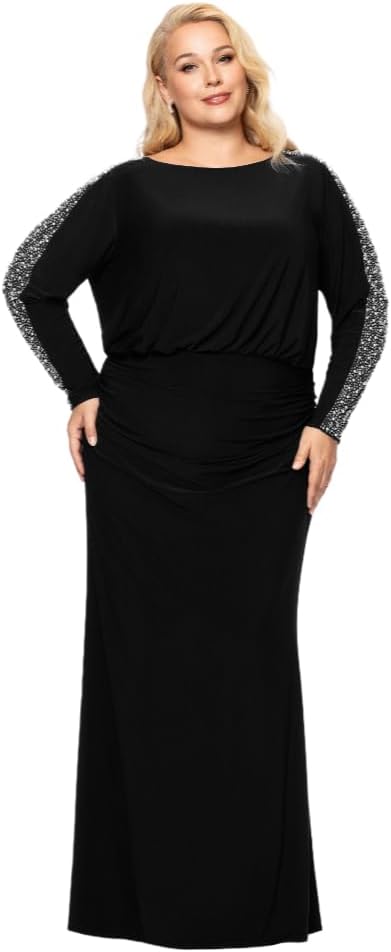 Betsy & Adam Womens Betsy & Adam Women's Long Sleeve Gown with Jewel Neckline, Beaded Sleeve Detail, and Ruched Waist (Plus)