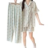 [Trnvco] パジャマ レディース 夏 前開きパジャマ 3点セット 【半袖 長ズボン ロングパンツ】 ルームウェア 可愛い 部屋着 入院着 プレゼント 女性 柔らかく 通気性 春・夏・秋 (JP, アルファベット, L, 熊)