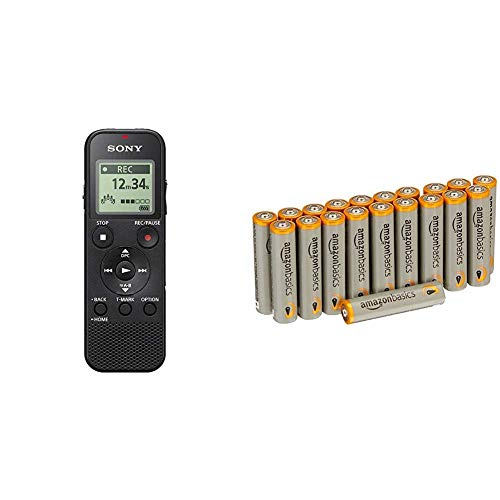 Sony ICD-PX370 Dictaphone numérique 4GB avec slot micro SD Noir & Amazon Basics Lot de 20 piles alcalines Type AAA 1,5 V 1340 mAh (design variable)