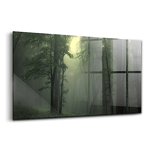 Verre d'art forêt brumeuse le matin Wallfluent 120x60cm tableau luxe