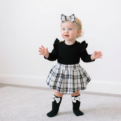 Newborn Baby Girl Plaid Outfits Long Sleeve Ruffled Romper Bodysuit with Bow Headband Socks Fall Winter Clothes2