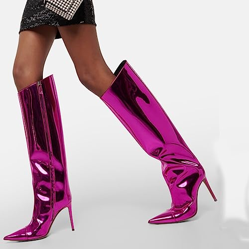 Image of Arqa Knee High Boots for Women Wide Calf 4 in Stiletto High Heel Metallic Boots Winter Chrome Zipper Long Boots Dressy Party Shoes