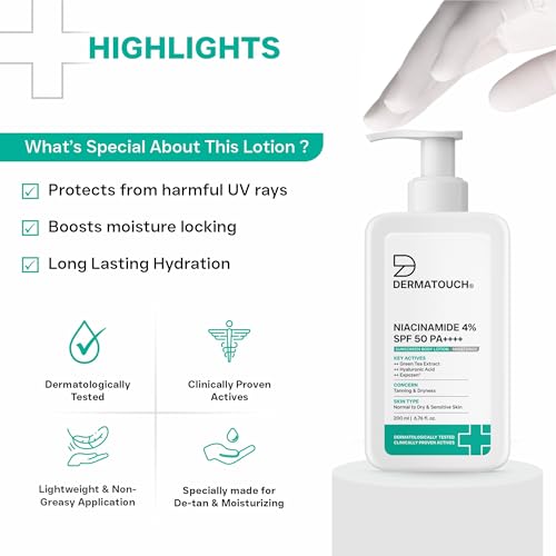 Image of DERMATOUCH Niacinamide 4% SPF 50 PA++++ Sunscreen Lotion 200ml - Body Lotion For Tanning & Dryness | Suitable For All Skin Types