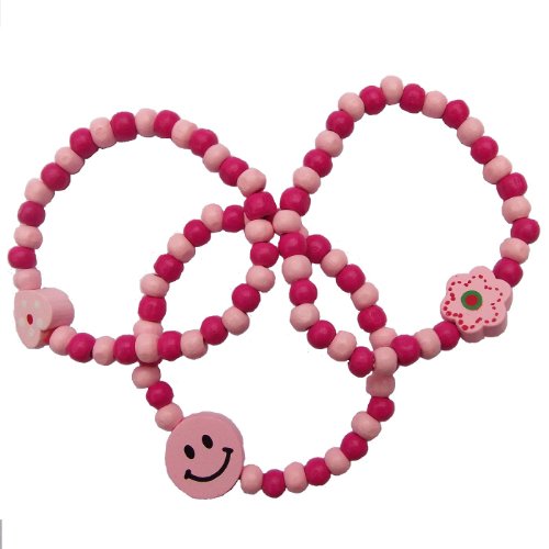 HaSaH WoW! 3 x Pretty Pink Girls Wooden Bracelets in 3 Cute Designs - Ideal as Party Bag Filler Jewellery