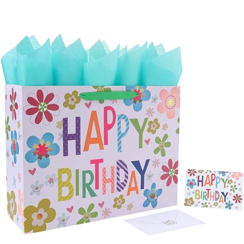 Qirrmiy 16.5 Extra Large Colorful Happy Birthday Gift Bag Set with Handles Greeting Card Tissue Papers and Stickers for Kids Women Girls Newborn New Moms or Parents 1 Pcs