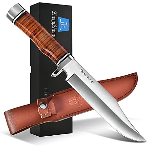 ZhengSheng 6.7 inches Fixed Blade Hunting Knife Genuine Leather Handle Bowie Knife with Leather Sheath Straight Edge Knife for Camping, Hiking, Survival Cover