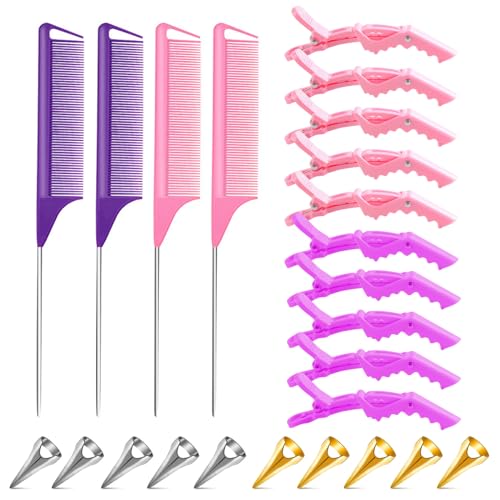 24 Pieces Hair Parting Ring Steel Rat Tail Braiding Comb Alligator Styling Sectioning Clips for Braiding Curling Installation of Human Hair (Mixing)