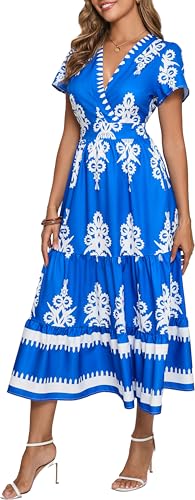 Image of Floral Print Dress for Women Boho Long Dresses Flowy A line Dresses Fit for Office and Casual Vacation Cocktail Party Prom