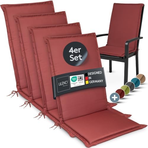 LILENO HOME Gartenstuhl Auflagen [4er Set - Hochlehner] in Rot - Bequeme | Liegen als Sitzauflagen für Gartenmöbel - Stuhlkissen für Gartenstühle und Klappstühle MIA