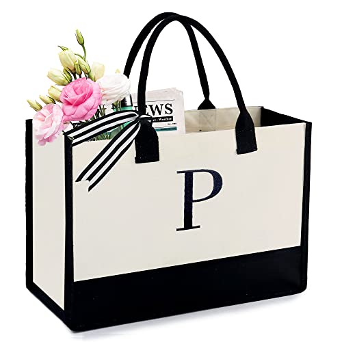 Image of BeeGreen Embroidery Monogram Initial Tote Bag for Women Teacher Mom Friend Personalized Gift for Birthday Beach Work Wedding