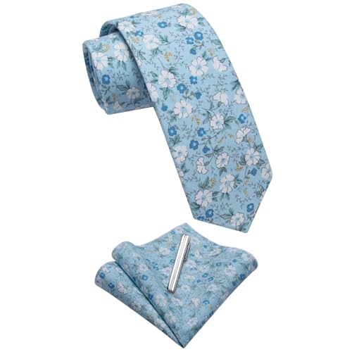 Image of YourTies Cotton Floral Tie for Men 2.5 inch Printed Skinny Necktie Pocket Square Tie Clip Set Flower Wedding Party Groom
