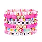 Colorful Happy Birthday Surfer Heishi Clay Friendship Stackable Bracelets Bohemian Multilayer Rainbow Birthday Cake Flower Gold Beads Preppy Stretch Bracelet for Women Party Celebration Jewelry-StyleE