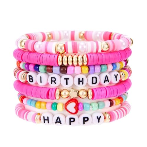 Colorful Happy Birthday Surfer Heishi Clay Friendship Stackable Bracelets Bohemian Multilayer Rainbow Birthday Cake Flower Gold Beads Preppy Stretch Bracelet for Women Party Celebration Jewelry