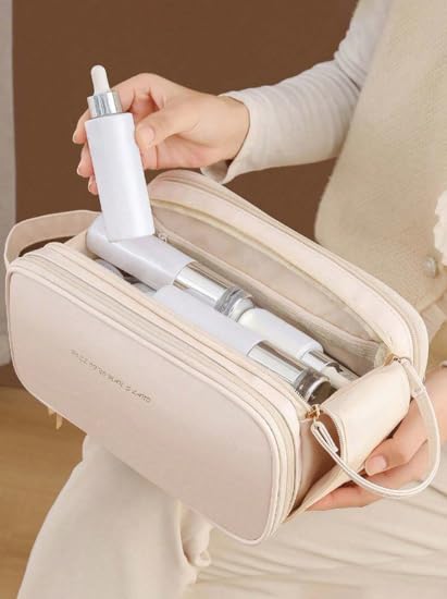 Image of Deluxe Double-Layer Travel Makeup Bag with Brush Organizer and Hanging Hook - Large Capacity for Creams, Cosmetics, and Essentials - Perfect for Women & Girls
