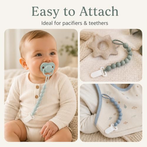 Image of 6 Pack Neutral Silicone Pacifier Clips for Boys and Girls, One Piece Beads Pacifier Clip Set with Durable Plastic Clip, Neutral Baby Pacifier Holder Set