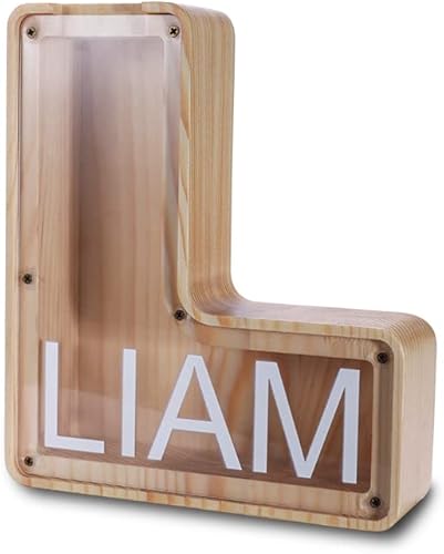 Alcancía de madera con letras personalizadas para niños, niñas, niños, adultos, depósito de almacenamiento personalizado, monedas, alfabeto, caja de